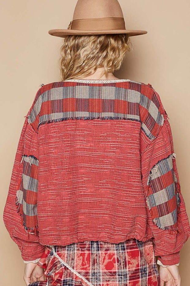 POL Round Neck Long Sleeve Plaid Shirt