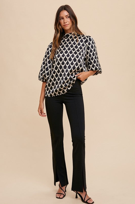 Annie Wear Tie Back Abstract Print Mock Neck Half Sleeve Blouse