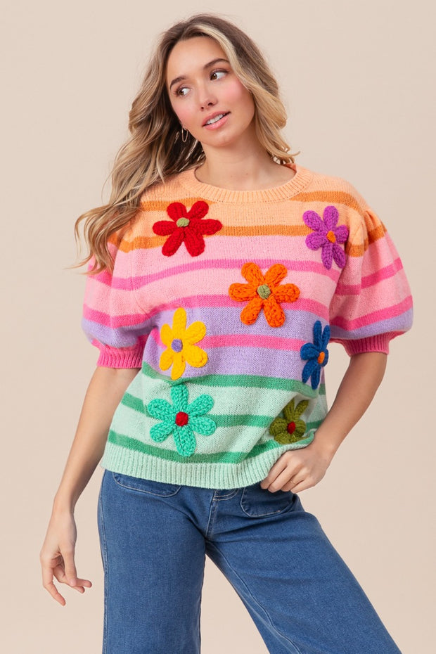 BiBi Flower Patch Puff Sleeve Striped Sweater