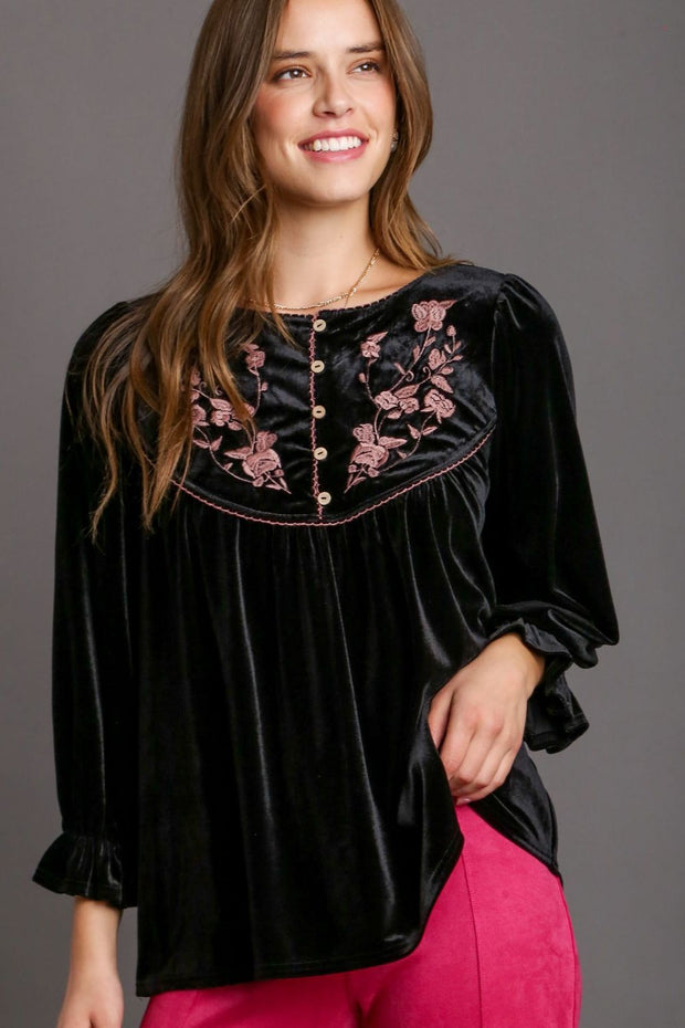 Umgee Full Size Velvet Embroidery Flounce Sleeve Top Plus Size