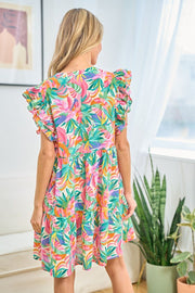 First Love Ruffled Printed Notched Cap Sleeve Dress
