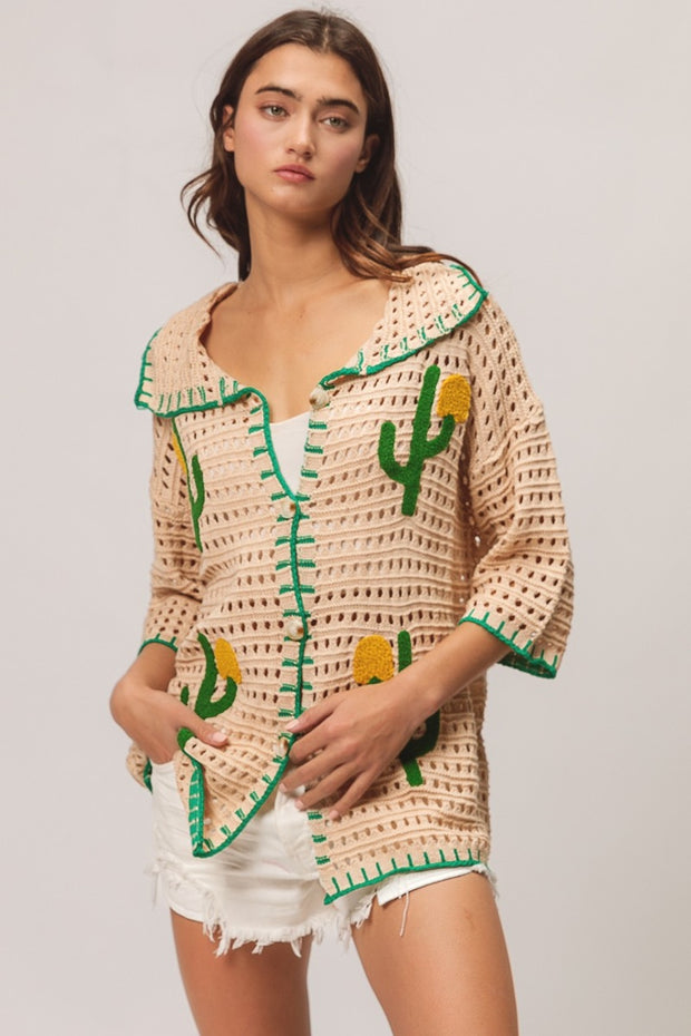 BiBi Edge Stitched Cactus Patch Sweater Cardigan