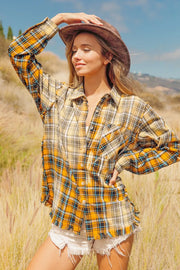 BiBi Vintage Plaid Bleached Raw Hem Shirt