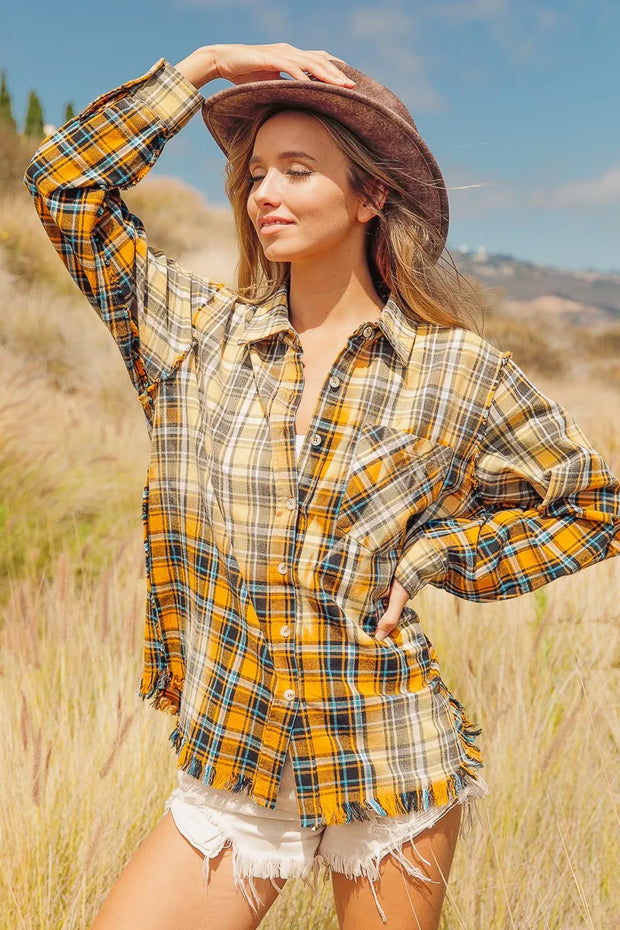 BiBi Vintage Plaid Bleached Raw Hem Shirt
