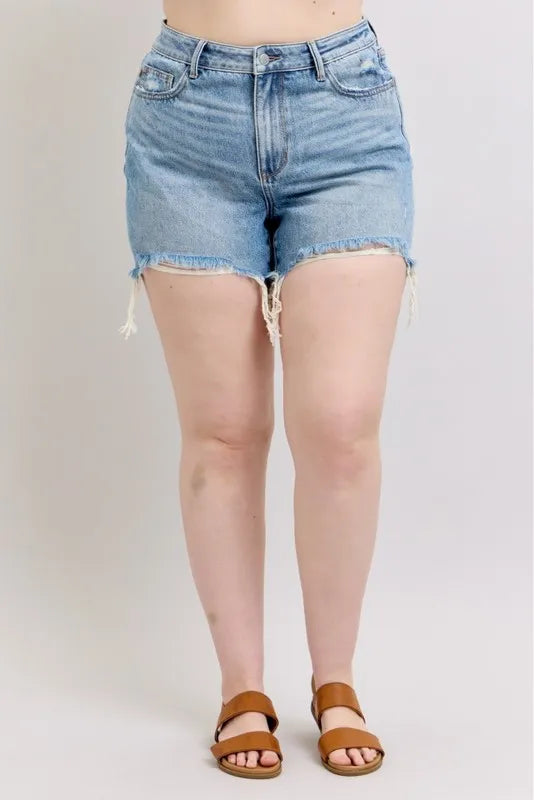 Judy Blue Plus Size HW Rigid Magic Destroy Cut Off Denim Shorts