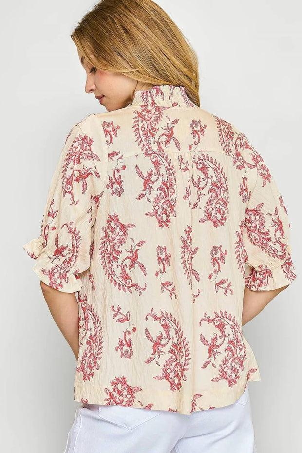 Umgee Ruffle Details Printed Half Sleeve Blouse