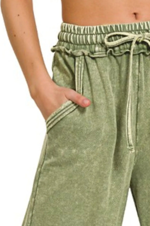 Zenana Washed French Terry Palazzo With Pockets