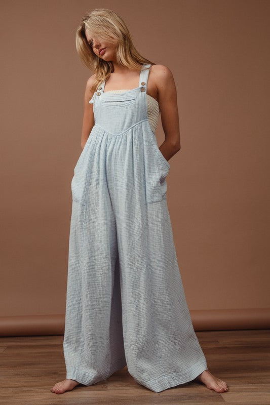 BiBi Vintage Washed Crinkle Gauze Wide Leg Overalls