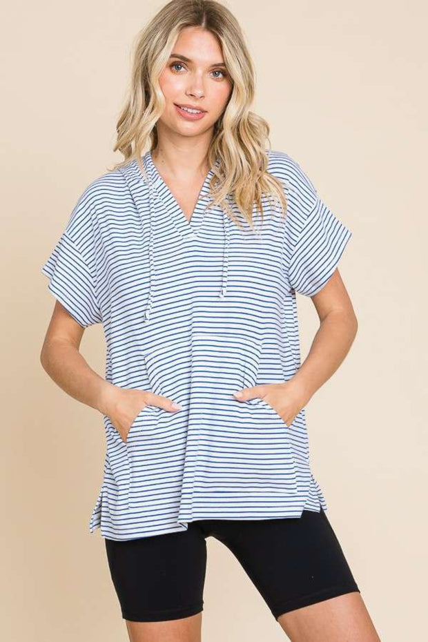 Culture Code Full Size Striped Short Sleeve Hooded Top - Spicy and Sexy