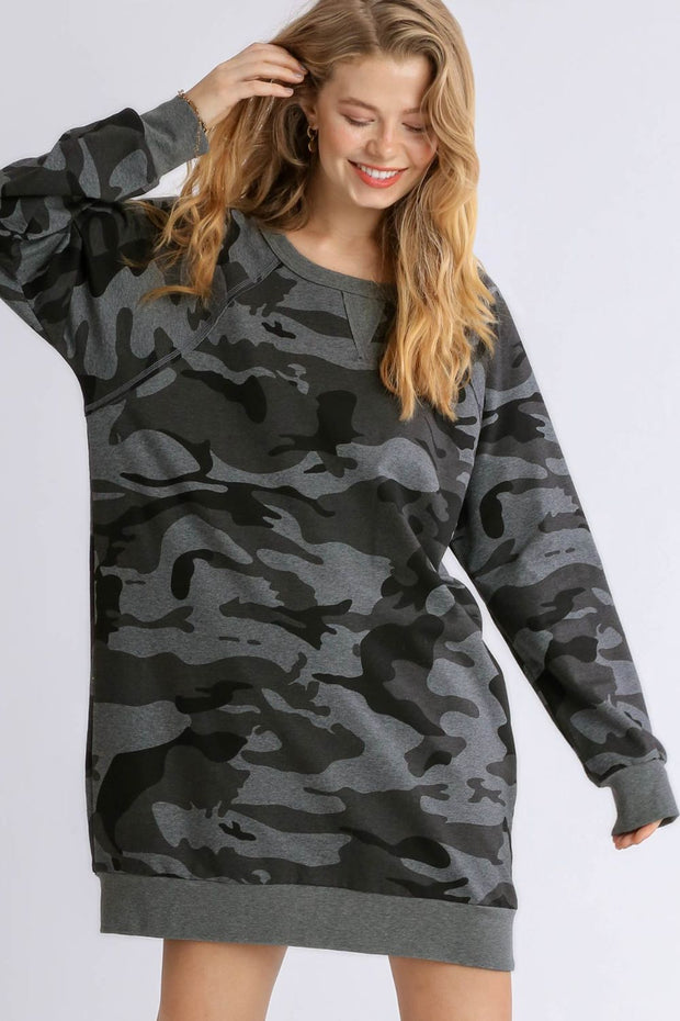 Umgee Full Size Camo Print Ribbed Hem French Terry Mini Dress Plus Size