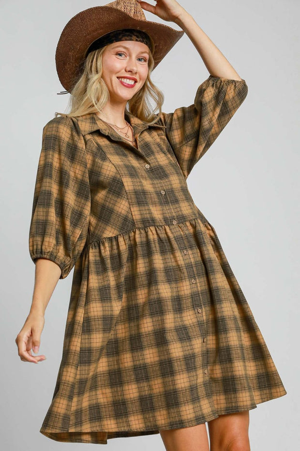 Umgee Full Size Plaid Button Front Collared Neck Mini Shirt Dress Plus Size