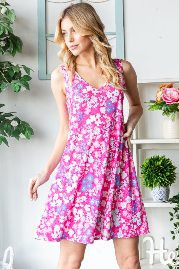 Heimish Full Size Floral V-Neck Tank Dress with Pockets