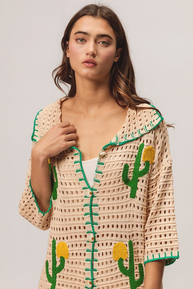 BiBi Edge Stitched Cactus Patch Sweater Cardigan