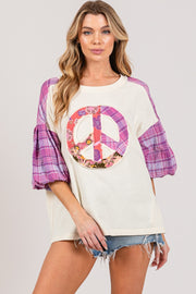 SAGE + FIG Full Size Peace Applique Patch with Plaid Contrast Top