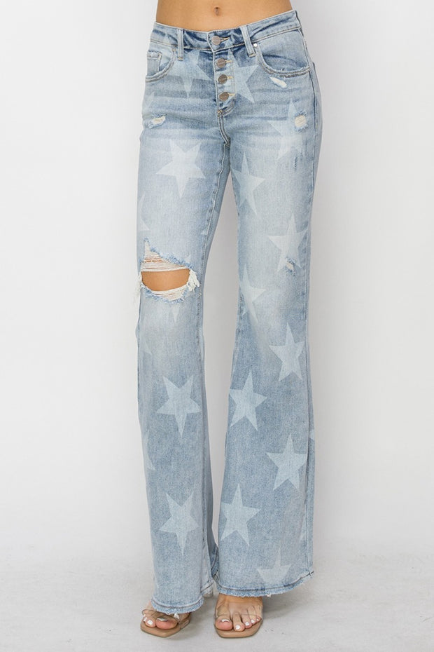 RISEN Mid Rise Button Fly Start Print Flare Jeans - Spicy and Sexy