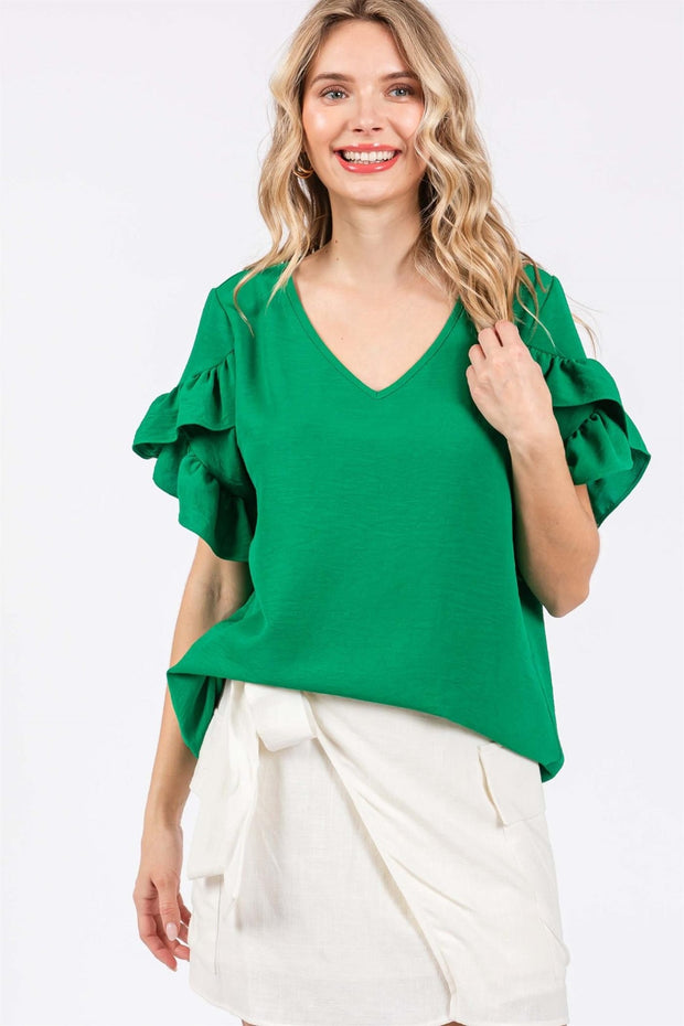 GeeGee Ruffled Short Sleeve V-Neck Blouse - Spicy and Sexy