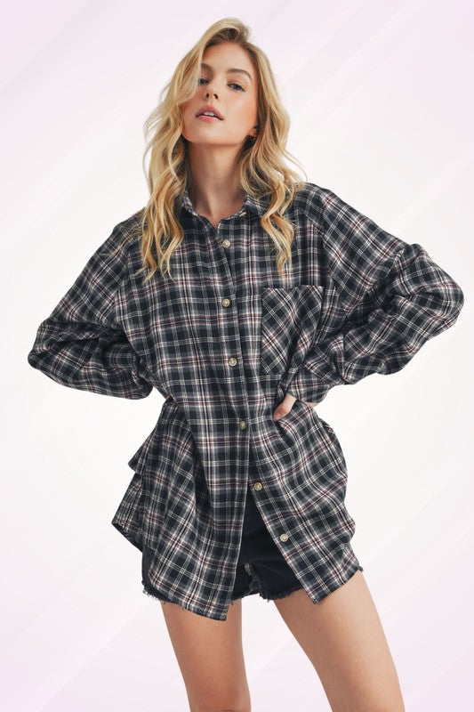 Aemi + Co Plaid Button Up Flannel Shirt with Chest Pocket