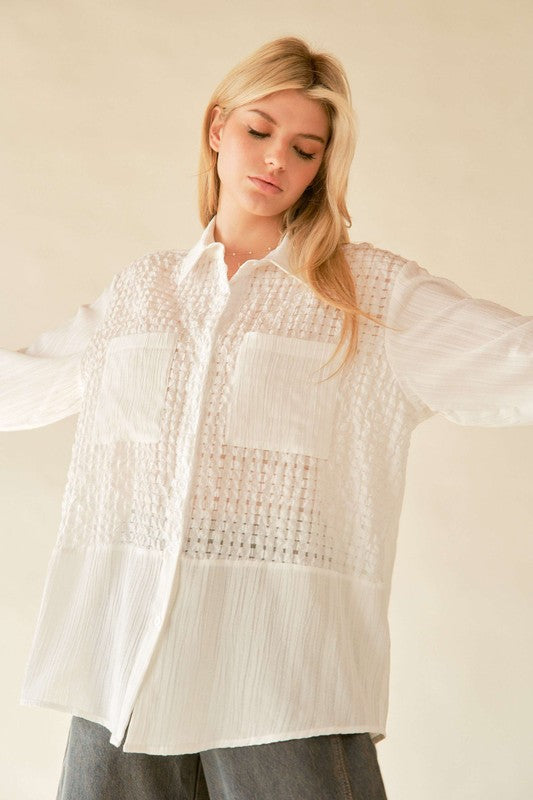 Davi & Dani Crinkled Jacquard Button Down Shirt