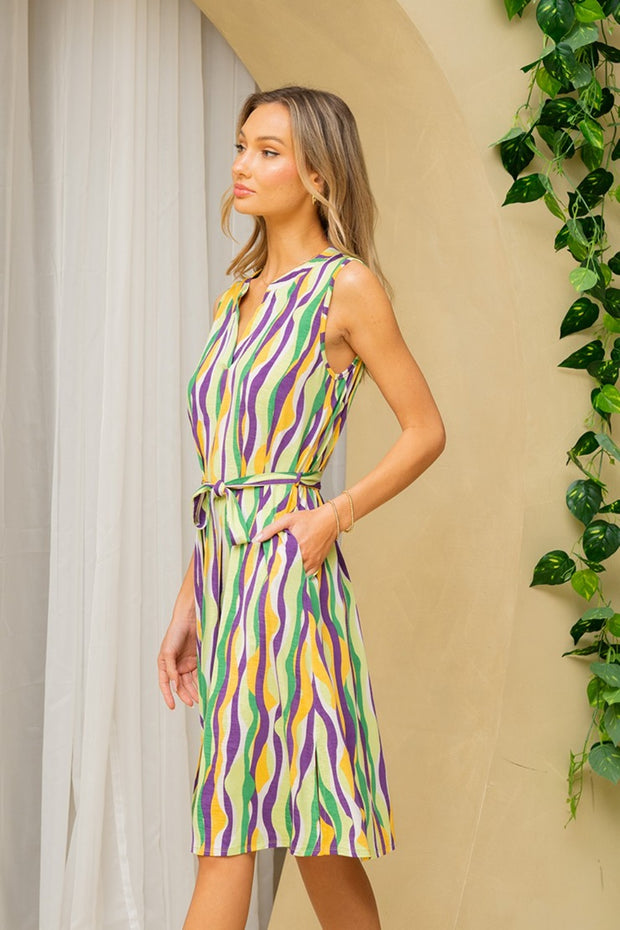Sew In Love Full Size Stripe Tied Sleeveless Dress with Side Pockets