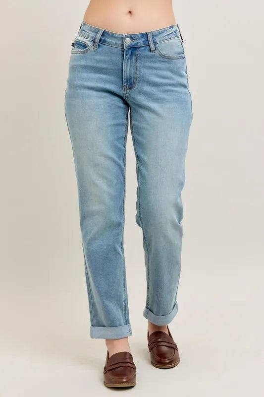 Judy Blue Full Size V-Front Cuff Boyfriend Jeans Plus Size