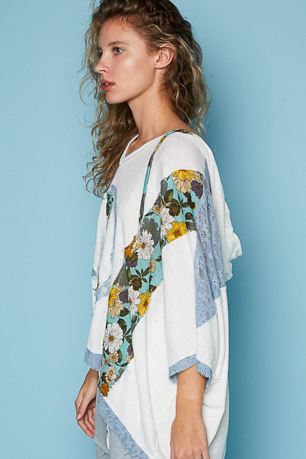 POL V-Neck Floral Print Peace Patch Lace Hooded Top