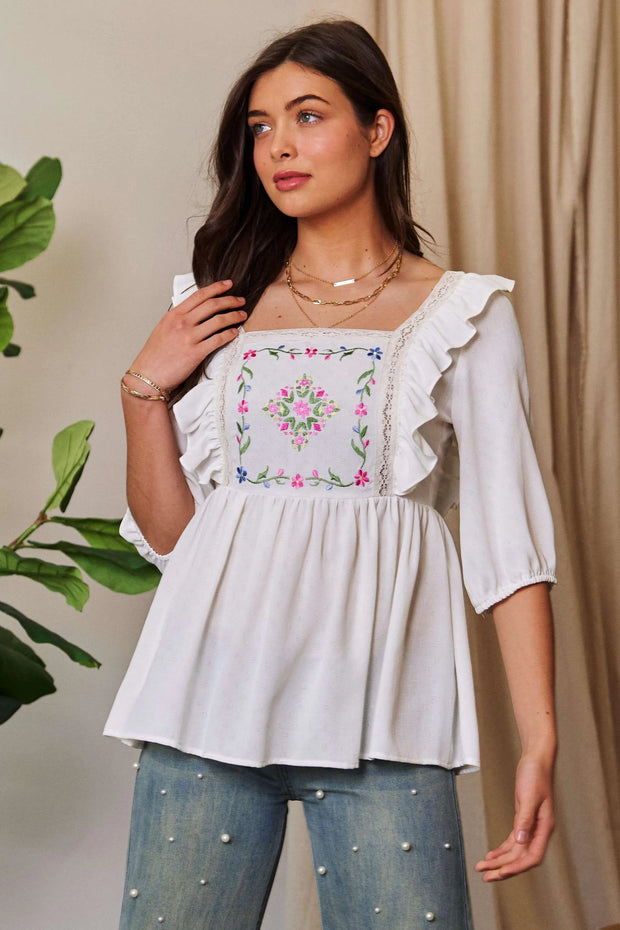 Davi & Dani Texture Tie Back Floral Embroidery Frill Blouse