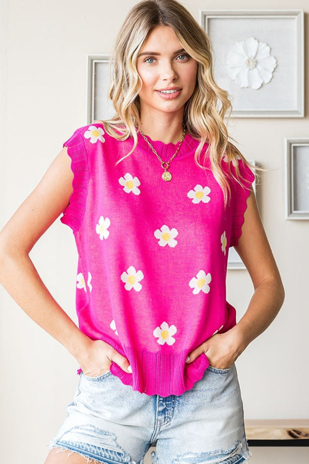 First Love Full Size Flower Pattern Round Neck Sweater Vest