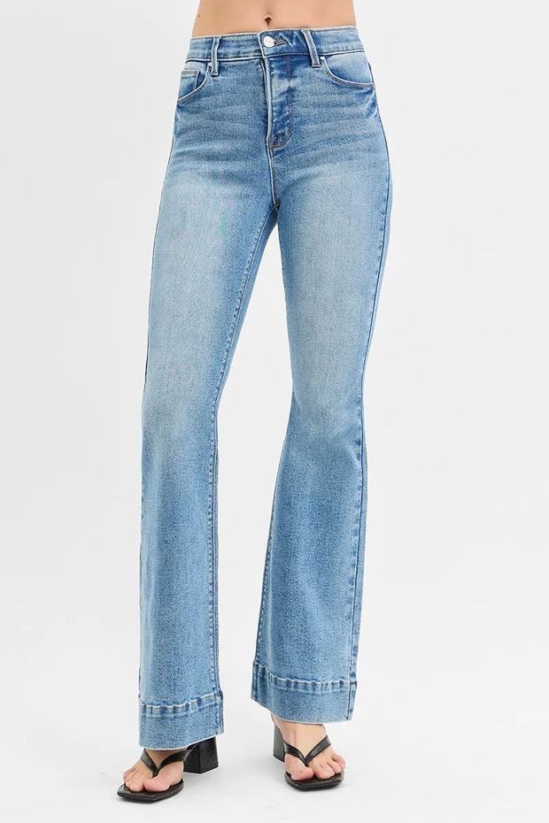 RISEN Full Size Tummy Control Elastic Band High Rise Flare Jeans Plus Size