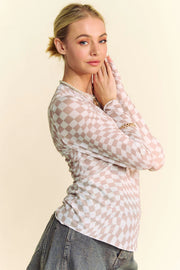 Davi & Dani Checker Board Mesh Long Sleeve Layering Top