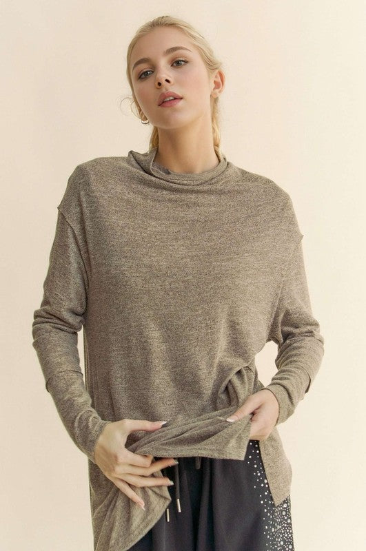 Davi & Dani Slit Mock Neck Long Sleeve Top