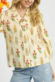 Umgee Floral Print Lantern Sleeve Button Down Shirt