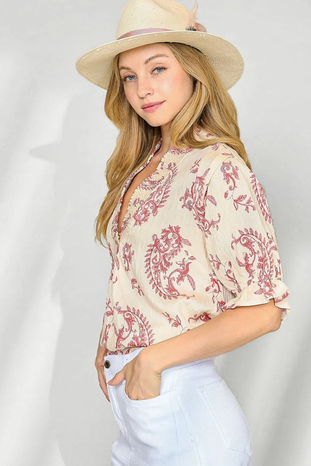 Umgee Ruffle Details Printed Half Sleeve Blouse