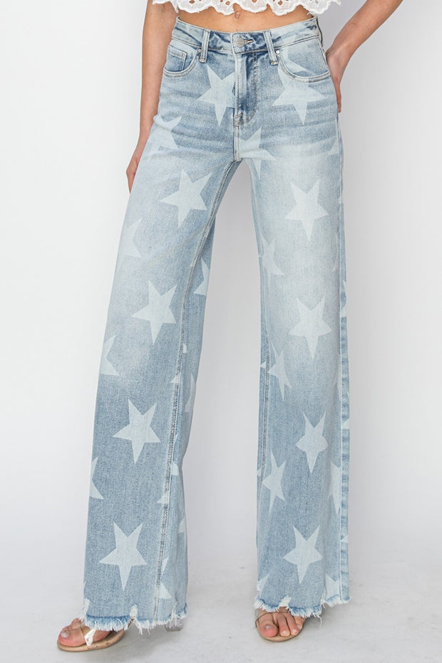 RISEN Full Size Raw Hem Star Wide Leg Jeans - Spicy and Sexy