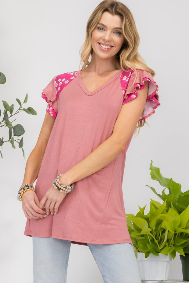 Celeste Full Size Floral Contrast Short Sleeve Top