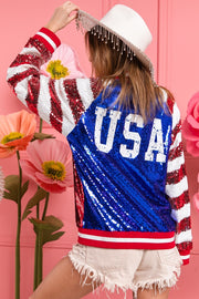 BiBi US Flag Theme Color Block Sequin Bomber Jacket