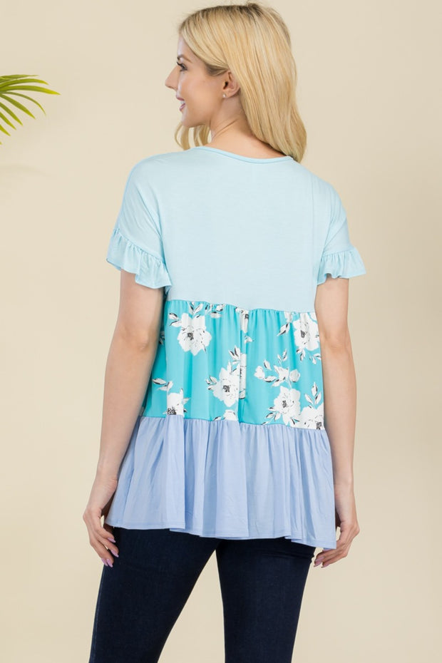 Celeste Full Size Floral Color Block Ruffled Short Sleeve Top