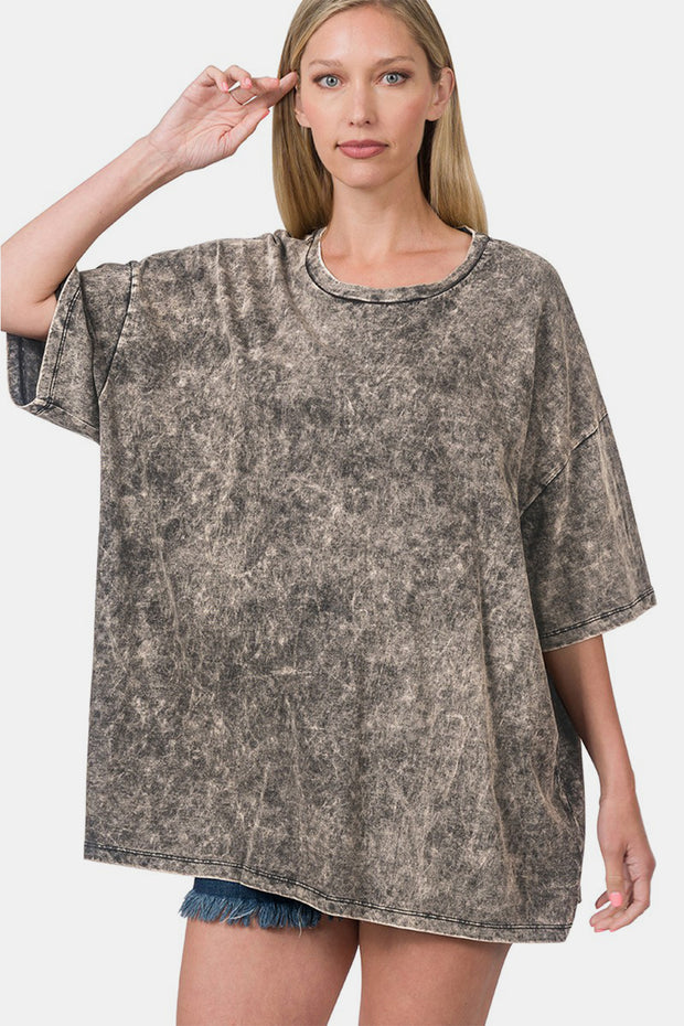 Zenana Washed Round Neck Drop Shoulder Oversized T-Shirt - Spicy and Sexy