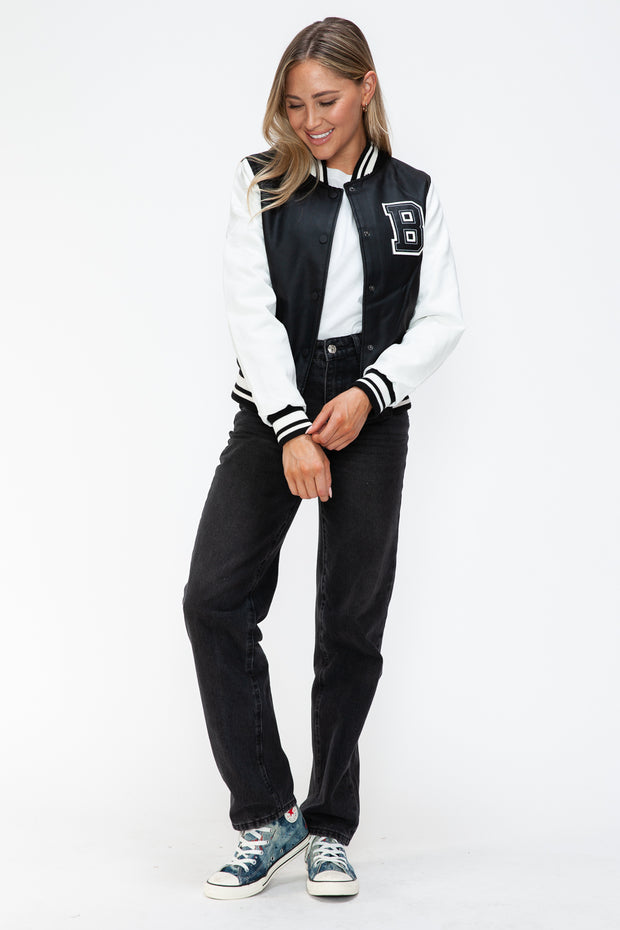 Love Me Now PU Leather Contrast Snap Down Bomber Jacket