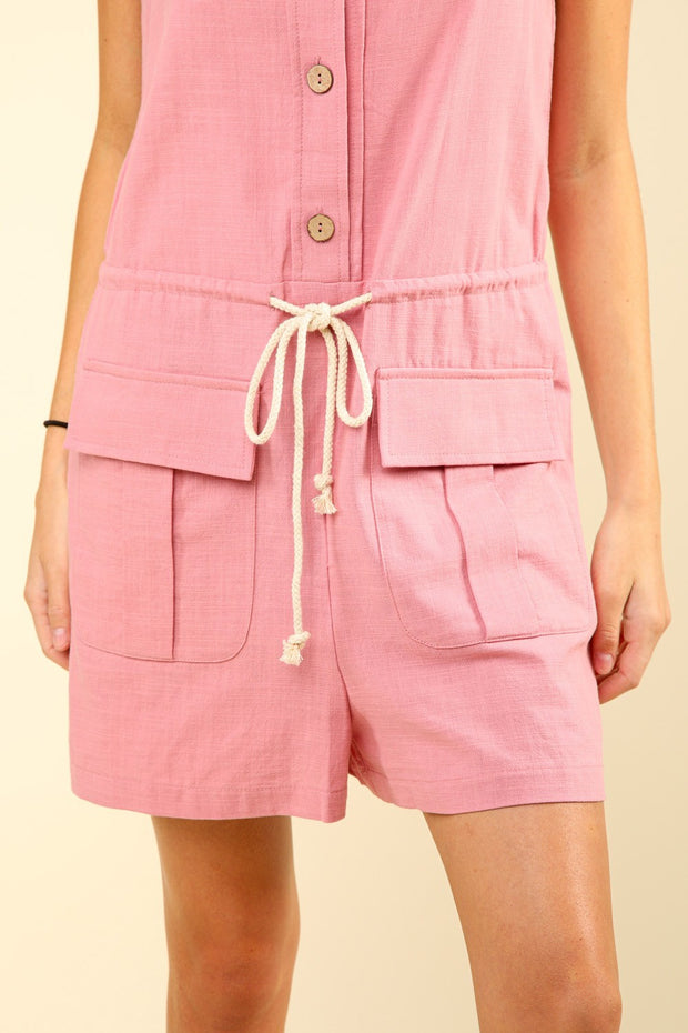 VERY J Half Button Drawstring Sleeveless Romper