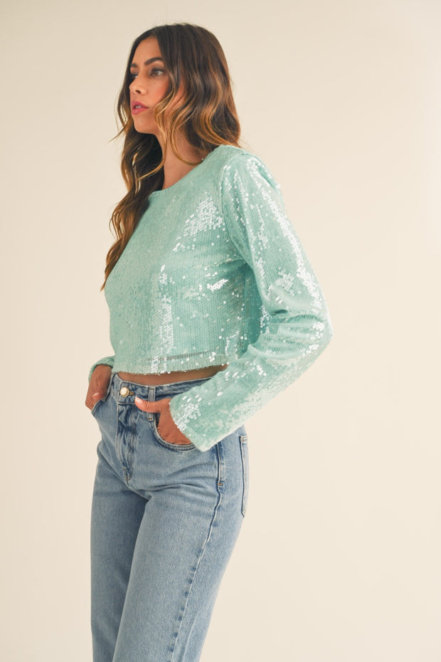 MABLE Shoulder Padded Sequin Crop Top