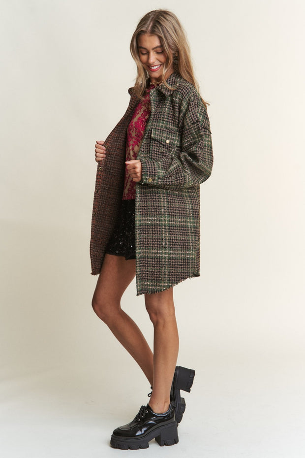 J.NNA Snap Down Tweed Plaid Contrast Longline Shacket