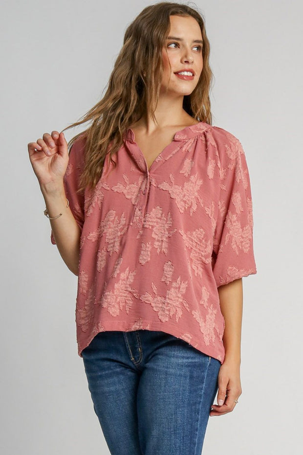 Umgee Full Size Notched Button Detail Half Sleeve Blouse Plus Size