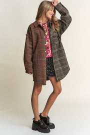 J.NNA Snap Down Tweed Plaid Contrast Longline Shacket