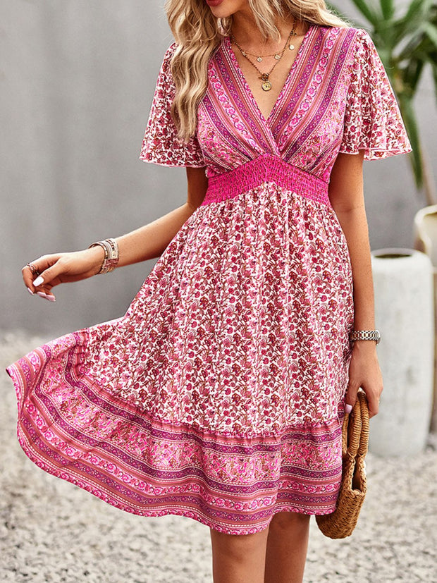 Floral Smocked Waist Short Sleeve Mini Dress