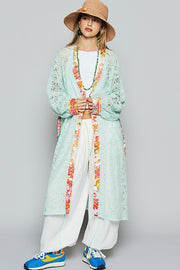 POL Floral Trim Lace Open Front Longline Cardigan