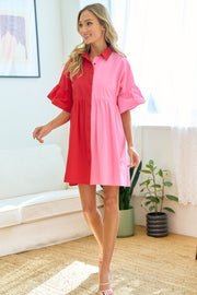 First Love Full Size Color Blocked Button Down Babydoll Dress