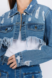 American Bazi Distressed Denim Jacket with Frayed Hem