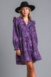 Umgee Full Size Ruffled Printed Piping Detail Long Sleeve Dress Plus Size