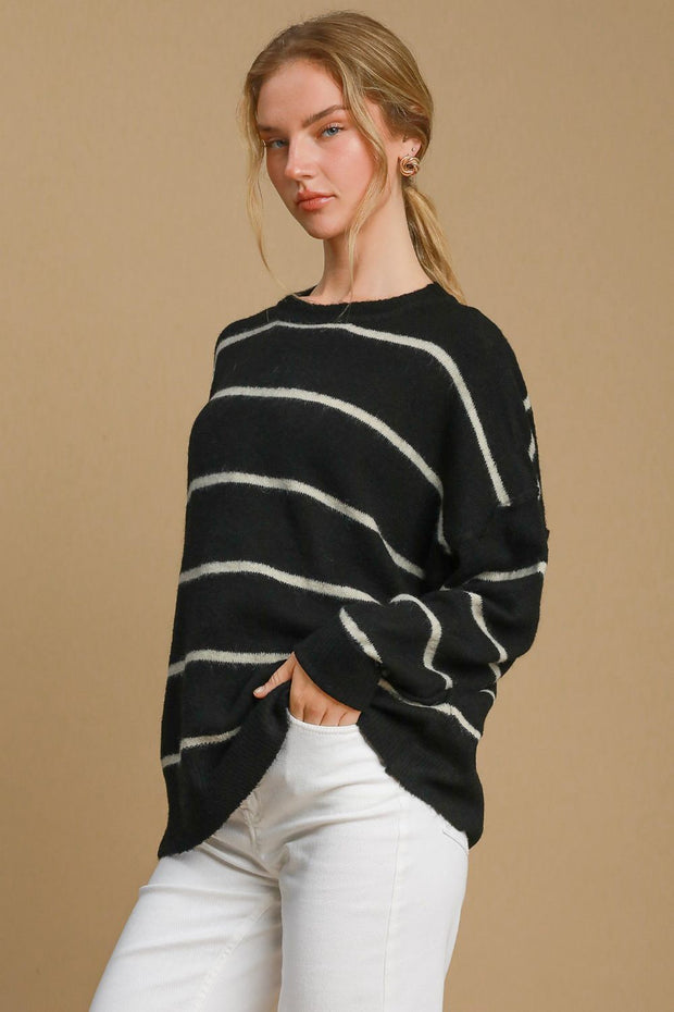 Umgee Wool Blend Striped Round Neck Sweater