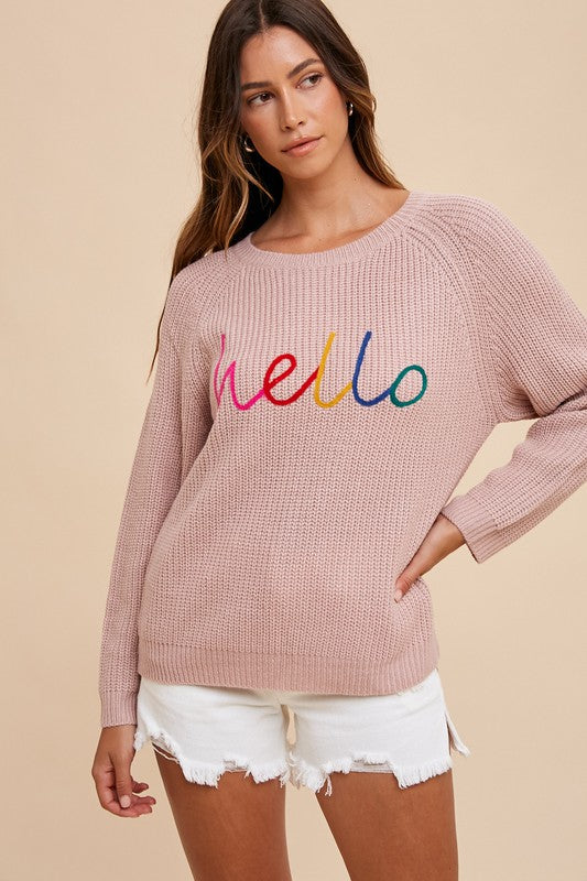 Annie Wear HELLO Embroidered Raglan Sleeve Sweater